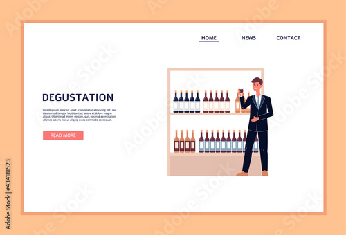 Wine degustation banner with winemaker or sommelier flat vector illustration.