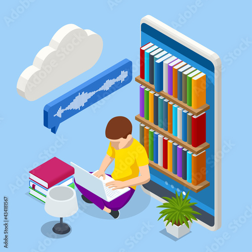 Isometric Audiobooks concept. Listening to e-books in audio format. Books online. Online training banner, Ebook and Student