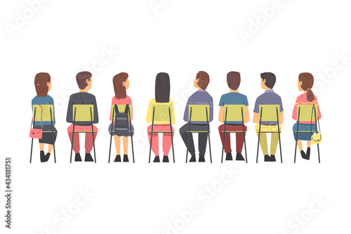 Training with People Characters Sitting in Row on Chairs Listening Back View Vector Illustration