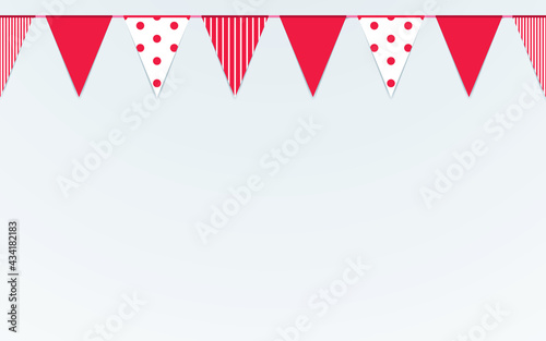 Garland flags Vector illustration with copy space Colorful red and textured white-red triangle pennants on white backdrop