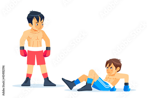 Winner and a loser boxers. Beaten boxer lying on the floor during a boxing battle, having a knockdown on the ring. Professional Boxing among boys. Cartoon vector illustration isolated on white