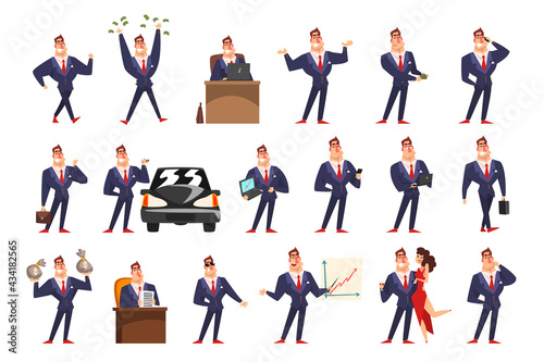 Rich Businessman, Millionaires, Financially Successful Business Character Activity Set Cartoon Vector Illustration