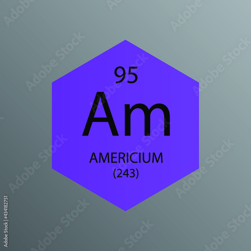 Am Americium Actinoid Chemical Element Periodic Table. Hexagon vector illustration, simple clean style Icon with molar mass and atomic number for Lab, science or chemistry education.