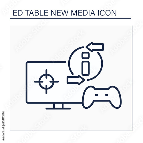 Video game line icon. Online gaming process. Interaction with players. Input device. Joystick, monitor. New media concept. Isolated vector illustration.Editable stroke