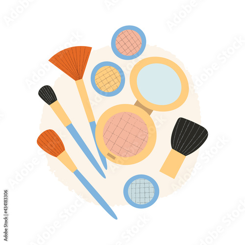 Makeup brushes set. Flat hand drawn set of beauty products: blush, eyeshadows and compact powder.