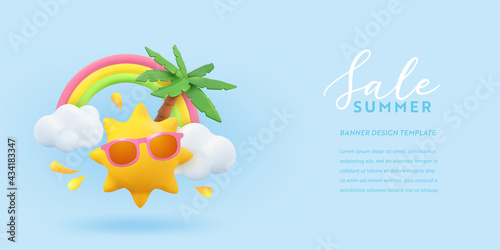 Summer Sale 3d banner design. Realistic render scene tropical palm tree, sun, rainbow, cloud. Tropic promo offer, Holiday web poster, seasonal discount, coupon brochure, voucher. Summertime layout
