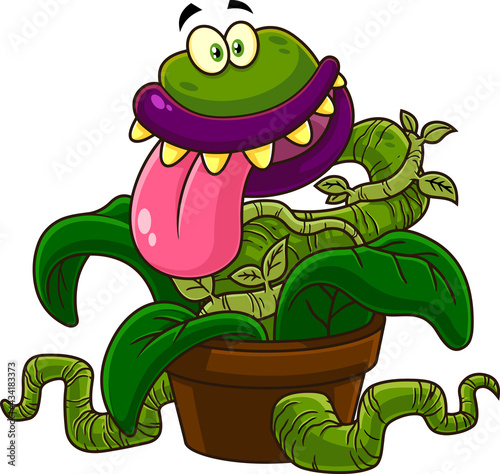 Crazy Evil Carnivorous Plant Cartoon Character. Vector Hand Drawn Illustration Isolated On Transparent Background