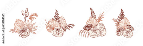 Set of hand drawn modern flower bouquets with rose  dried palm leaves and pampas grass. Vector illustration in sketch style