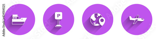 Set Ship line path, Parking, Location on the globe and Plane icon with long shadow. Vector