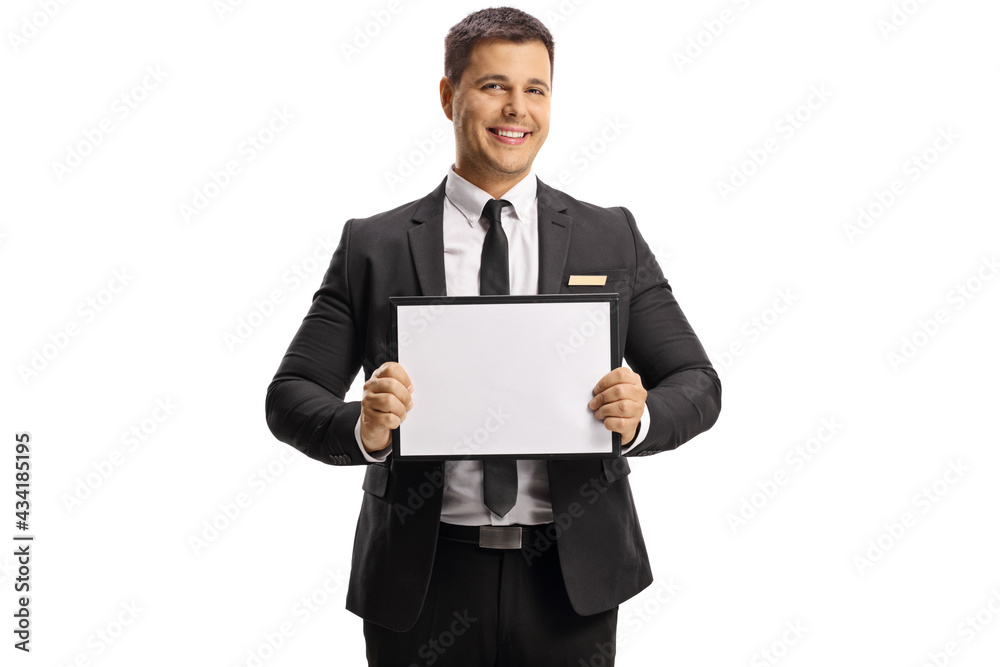 Man in suit and tie holding an empty board Man in suit and tie holding an empty board