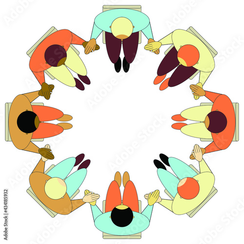 Vector graphics-top view-eight men of different nationalities sitting in a circle and holding hands isolated. Concept-mental health and group therapy