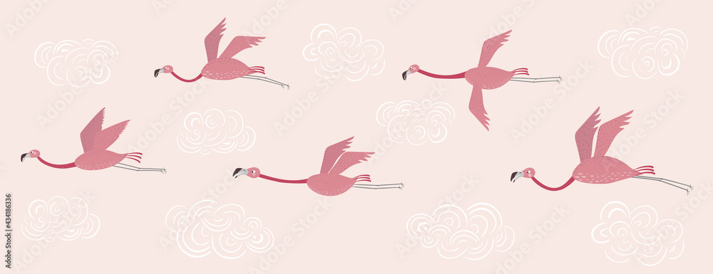 Vector set with flamingos. Flamingos flying on a pink sky with white clouds. Vector set with flamingos. Flamingos flying on a pink sky with white clouds.