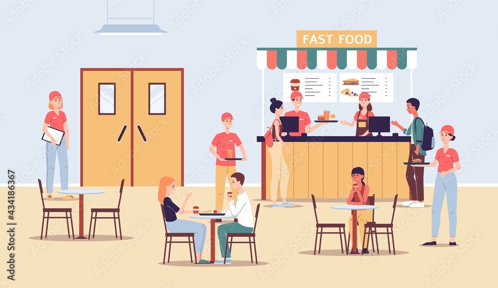Fast food restaurant with workers and visitors a vector flat illustration.