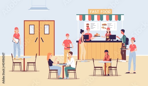 Fast food restaurant with workers and visitors a vector flat illustration.