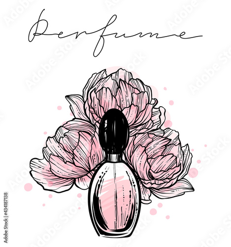 Perfume bottle with peonies around, monochrome vector