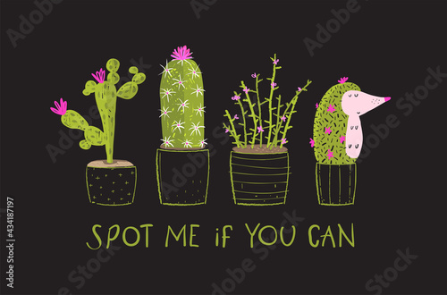 Funny cactus t shirt print in watercolor hand drawn style, humorous trendy print with cactus and animal design for black textile t shirt and apparel. Vector design in hand drawn watercolor style.