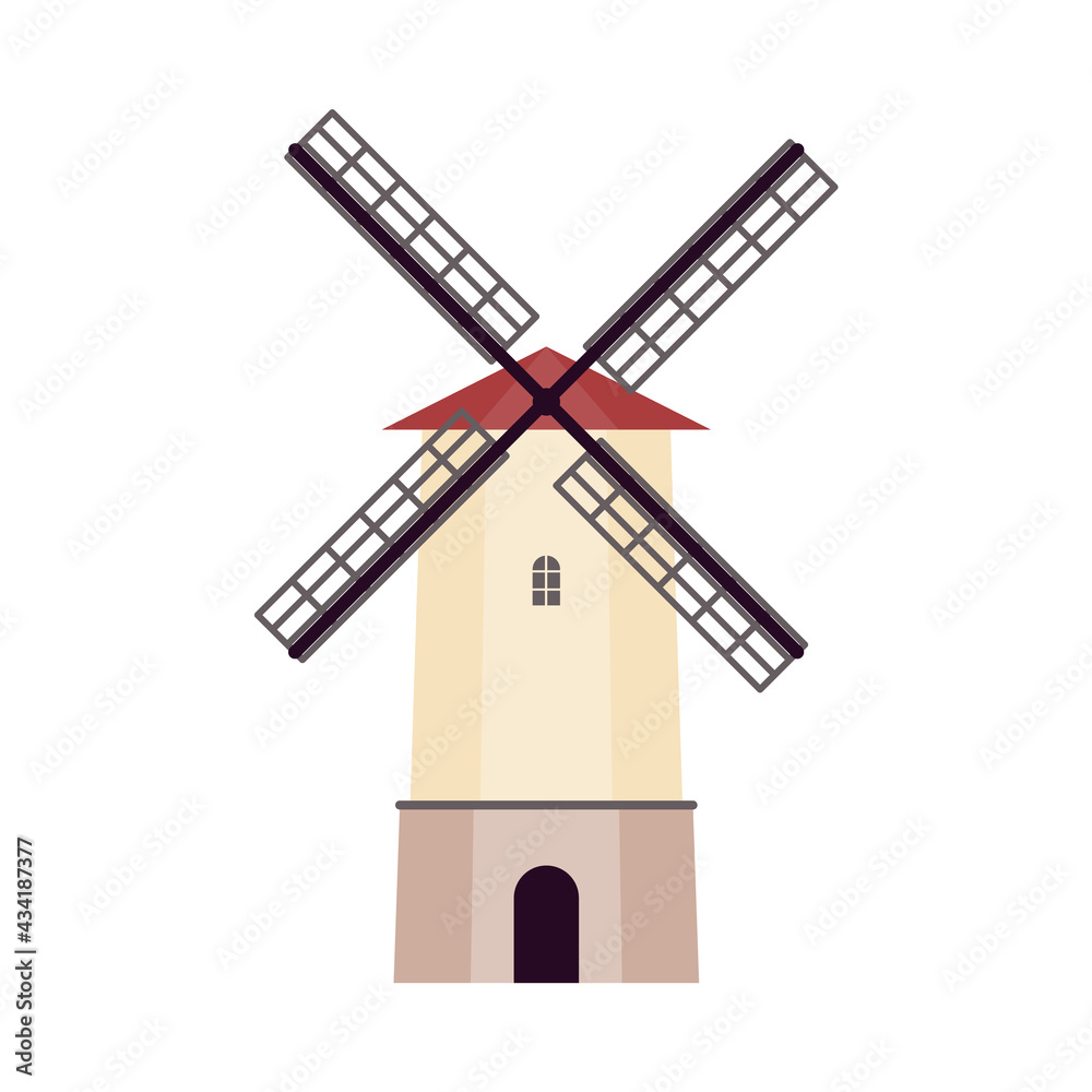 Vintage windmill cartoon icon or symbol, flat vector illustration isolated.