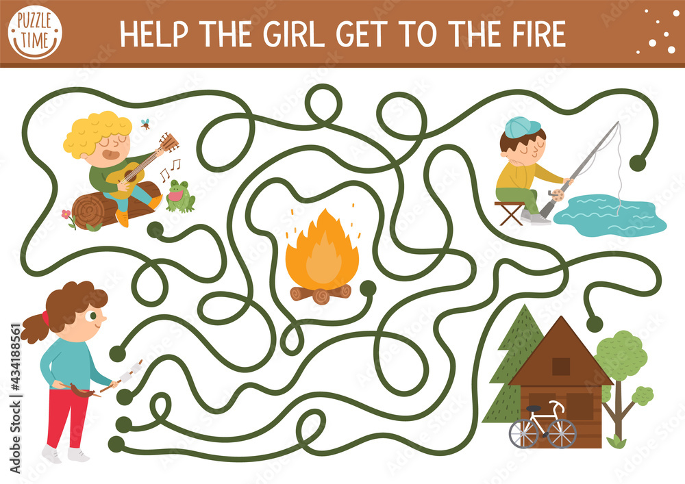 Fototapeta premium Summer camp maze for children. Active holidays preschool printable activity. Family nature trip labyrinth game or puzzle with cute kids with guitar, rod. Help the girl get to the fire.