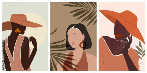 Set is an artistic, minimalistic, abstract portrait exotic woman, female, wearing a hat. Fashion modern template, greeting card, silhouette, background poster with wall art print. Vector.