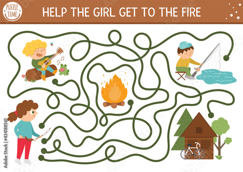 Summer camp maze for children. Active holidays preschool printable activity. Family nature trip labyrinth game or puzzle with cute kids with guitar, rod. Help the girl get to the fire.