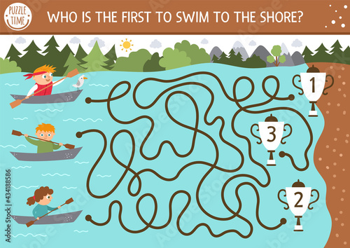Summer camp maze for children. Active holidays preschool printable activity. Nature trip or competition labyrinth game or puzzle with cute kayaking kids on boats. Who is the first to swim to the shore