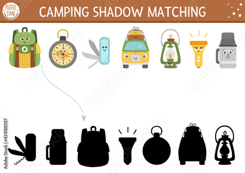Summer camp shadow matching activity for children with cute kawaii camping equipment. Family nature trip puzzle with cute objects. Find the correct silhouette printable worksheet or game. .