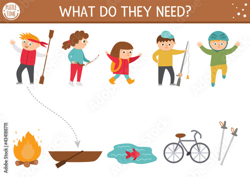 Summer camp matching activity with cute children. Family nature trip puzzle. Kids with paddle, rod, helmet. Find the correct object printable worksheet or game with boat, fire, bicycle. .