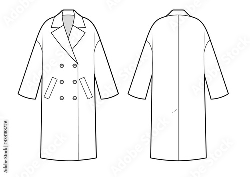Oversized jacket technical fashion illustration with lapel collar, long sleeves, button opening.