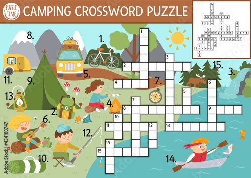 Vector camping crossword puzzle. Simple Summer camp quiz with forest scene for children. Educational activity with kids fishing, hiking, playing guitar. Cross word with woodland scenery.  .