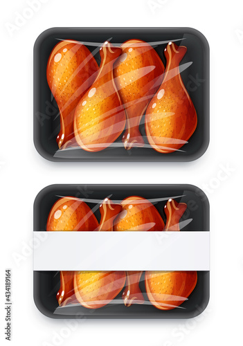 Chicken drumstick in plastic disposable packing. Mock-up