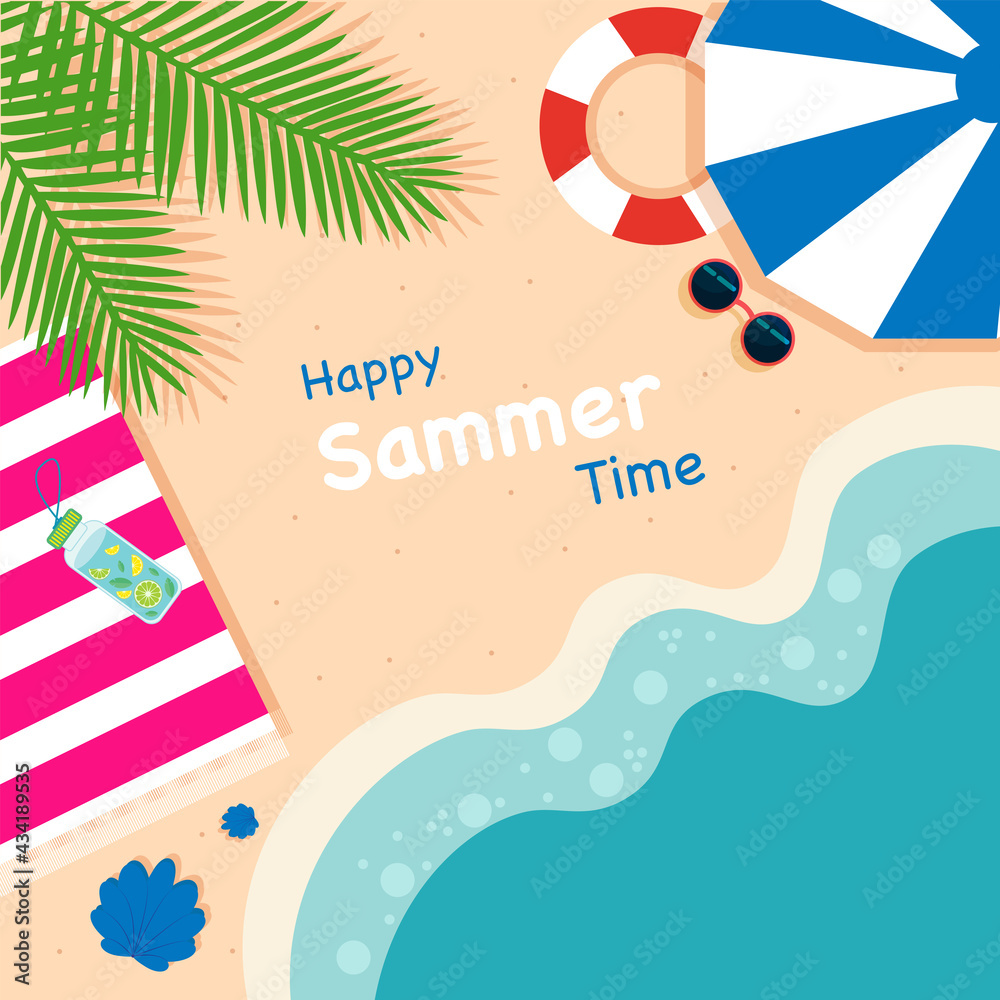 Summer background. Happy summer time. Beach, umbrella and palm trees. Vector graphics