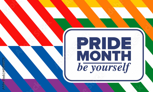 LGBTQIA Pride Month in June. Lesbian Gay Bisexual Transgender. Celebrated annual. LGBT flag. Rainbow love concept. Human rights and tolerance. Poster, card, banner and background. Vector illustration