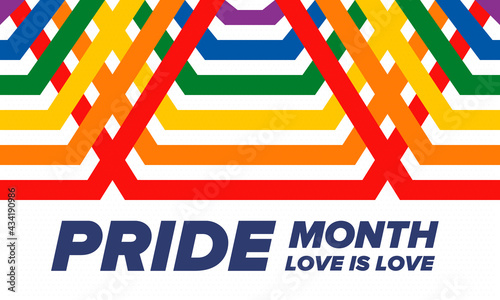 LGBTQIA Pride Month in June. Lesbian Gay Bisexual Transgender. Celebrated annual. LGBT flag. Rainbow love concept. Human rights and tolerance. Poster, card, banner and background. Vector illustration