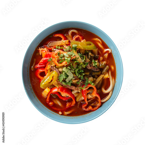 Isolated bowl of oriental uyghur lagman noodles soup