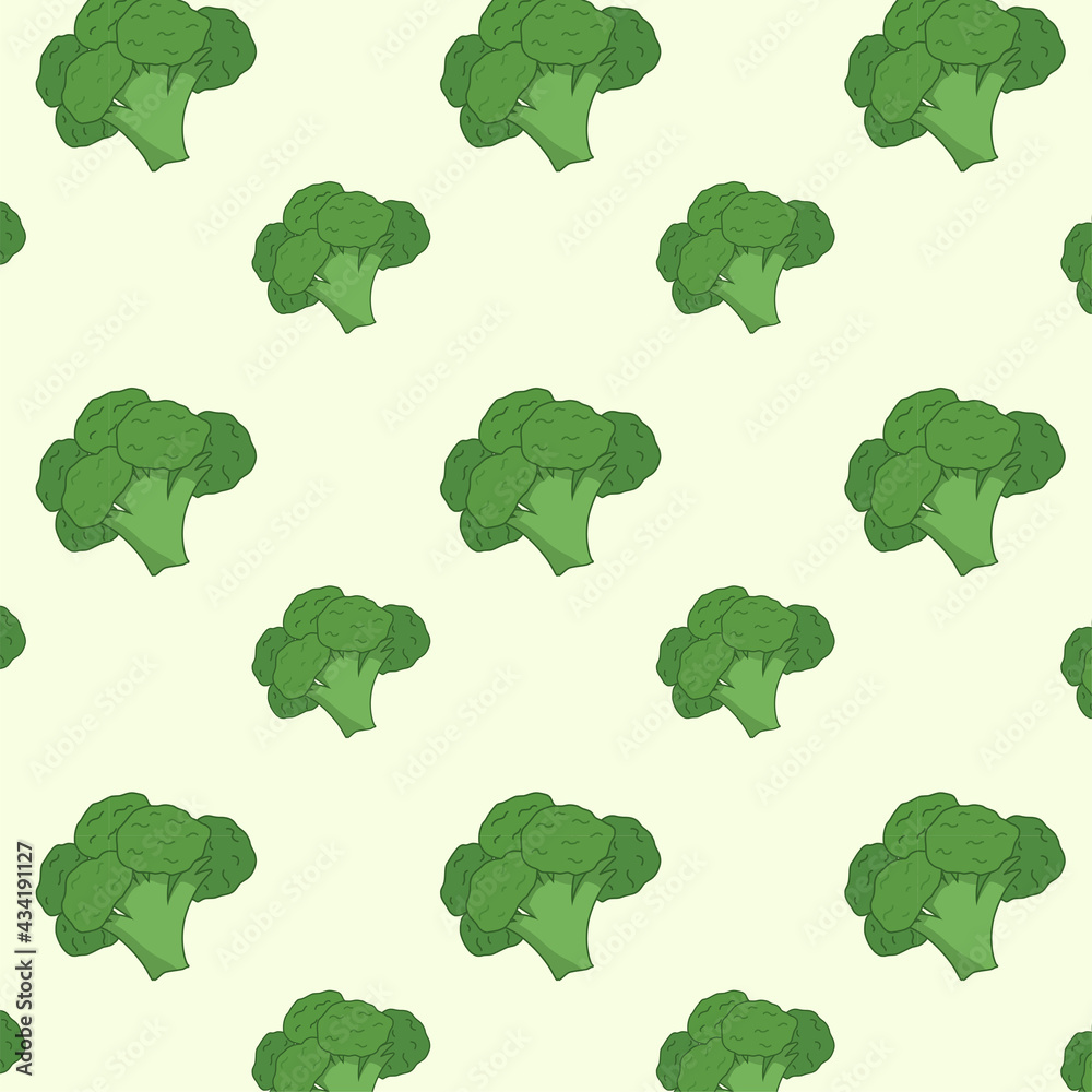  Vector seamless pattern with juicy green broccoli. Healthy and organic food. Eco lifestyle