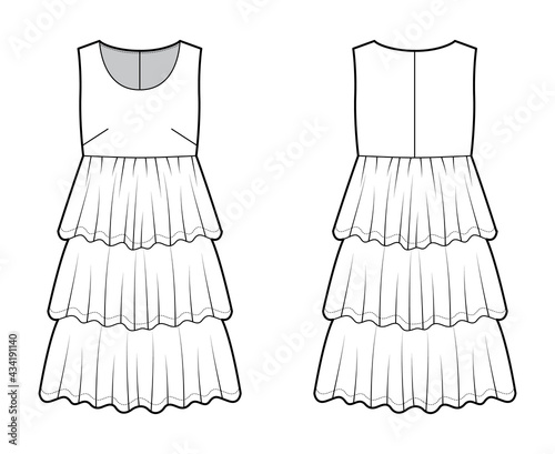 Dress babydoll technical fashion illustration with sleeveless, oversized body, knee length ruffle tiered skirt. Flat apparel front, back, white color style. Women men unisex CAD mockup
