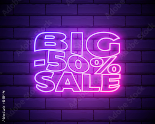 Neon icon Vector illustration Neon inscription Big sale in pink color on a brick wall background Trendy design and text effect