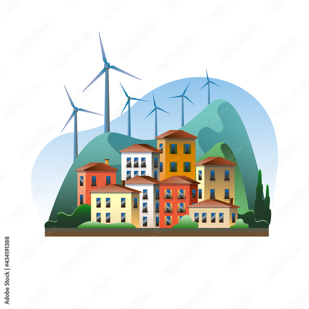 Eco-friendly village with wind power generators. Vector illustration on the theme of a smart village and eco-friendly electricity.
