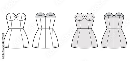 Tube dress technical fashion illustration with bustier, sleeveless, strapless, fitted body, mini length skirt. Flat garment apparel front, back, white grey color style. Women, men unisex CAD mockup