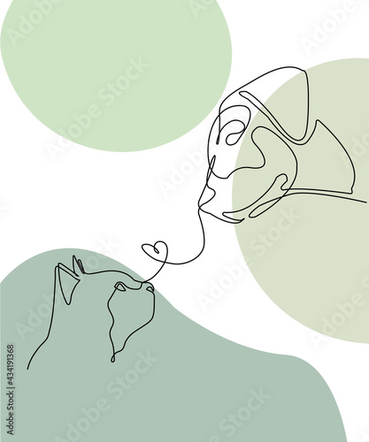 Dog and cat one line drawing. Pet shop logo. Abstract minimal style. Editable line