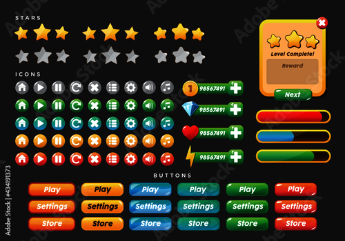 Colorful Mobile Game Super UI / GUI Icon Set Button Kit for mobile games or apps.