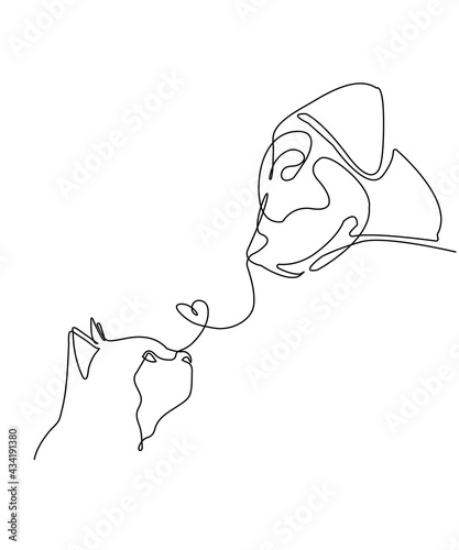 Dog and cat one line drawing. Pet shop logo. Abstract minimal style. Editable line