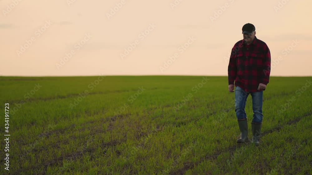 Walk on the field in slow motion after work. Farmer checks crop after planting and working tractor at sunset Walk on the field in slow motion after work. Farmer checks crop after planting and working tractor at sunset