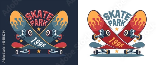 Skate park retro logo with funny skateboard. Skate vintage print. Vector illustration.