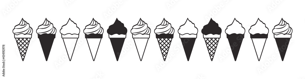 Black and white ice cream vector icon, summer set isolated on white background. Simple illustration