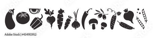 Vegetable vector icon, black set isolated on white background. Fresh food illustration