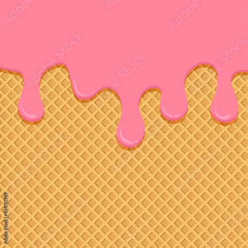 Ice cream melted vector background, waffle cone texture, pink strawberry liquid on wafer pattern, sweet biscuit dessert. Cartoon illustration