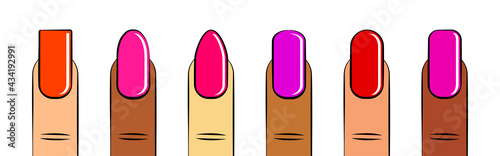 Comic finger with nail polish. Manicure vector set. Different shapes nail, types fashion. Bright collection with halftone shadows in pop art style. Beauty illustration