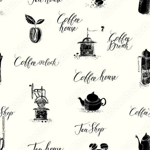 Monochrome seamless pattern with hand-drawn teapots, coffee beans, coffee grinders. Vector background on a tea and coffee theme with black sketches and inscriptions on a light backdrop in retro style
