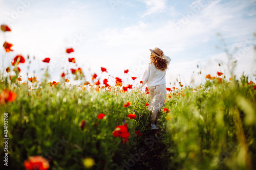 Girl in a hat with long curly hair posing in a field with red flowers. Summer landscape. Warm colors. Woman walking through a poppy field. Young girl in the spring flower garden.